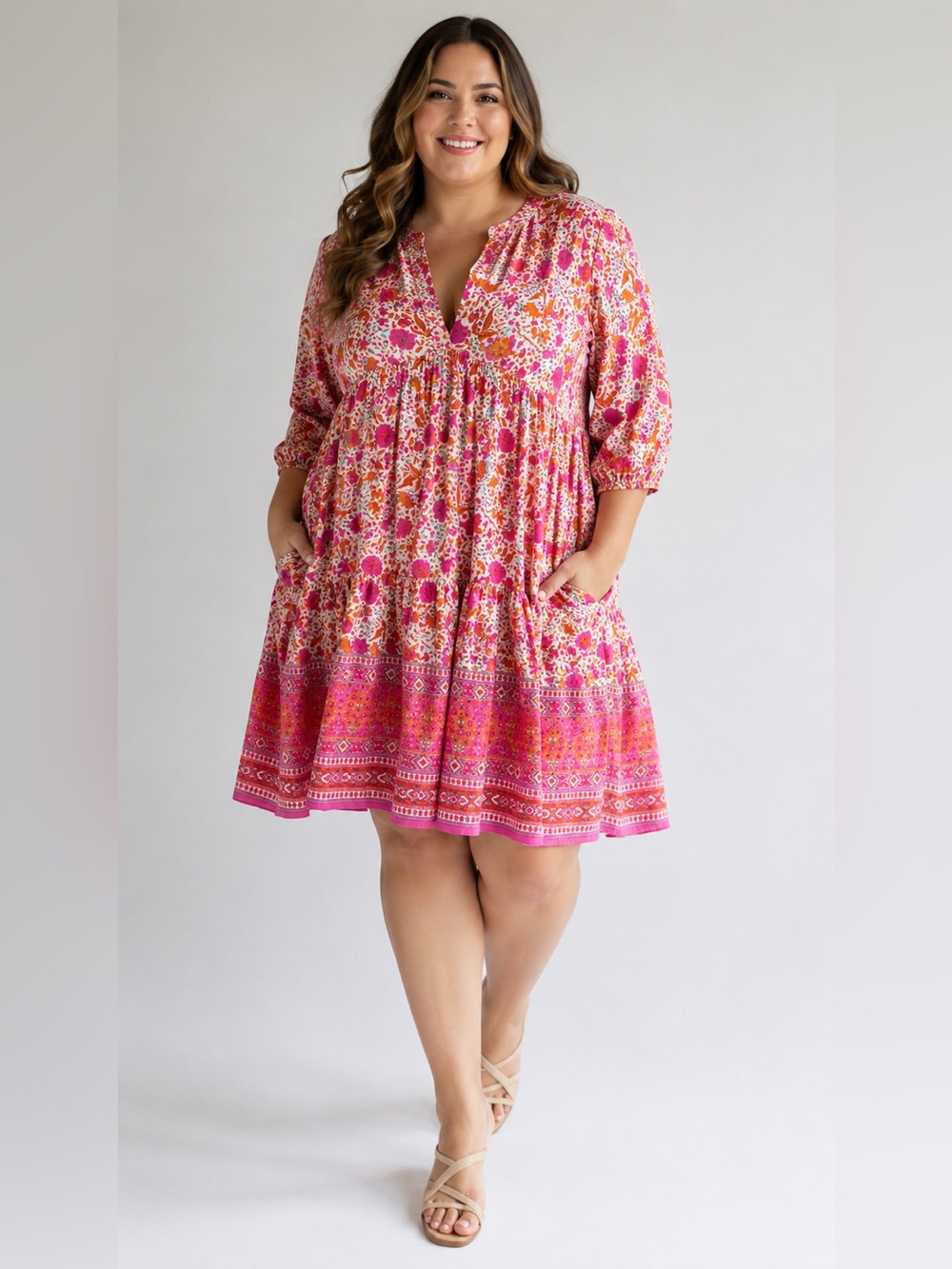Natural Life Becca Short Dress- Pink Floral Border L